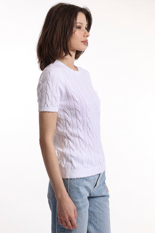 White cable knit short sleeve tee with pocket side view