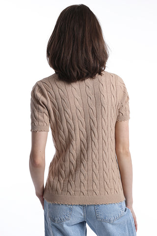 Brown Sugar cable knit short sleeve tee with pocket back view