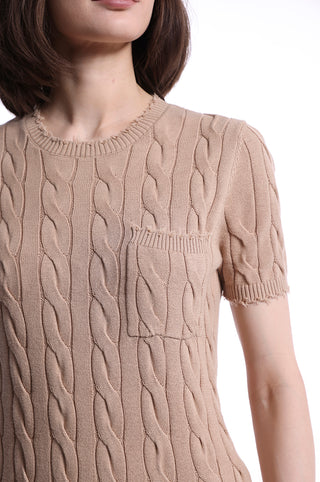 Brown Sugar cable knit short sleeve tee with pocket side close up front view