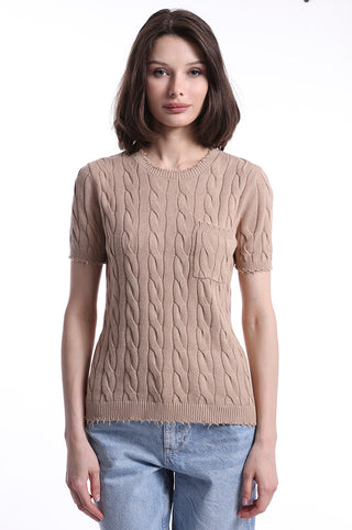 Brown Sugar cable knit short sleeve tee with pocket side front view