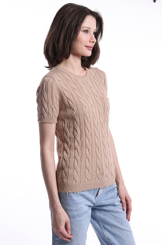 Brown Sugar cable knit short sleeve tee with pocket side view 
