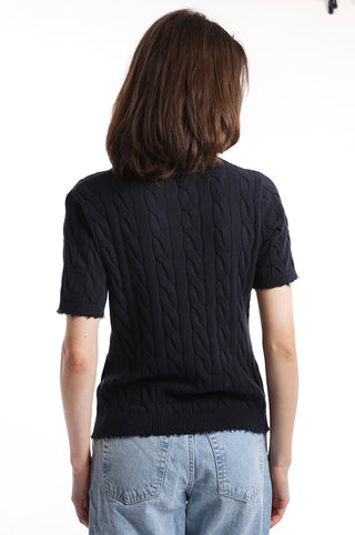 Navy cable knit short sleeve tee with pocket back view