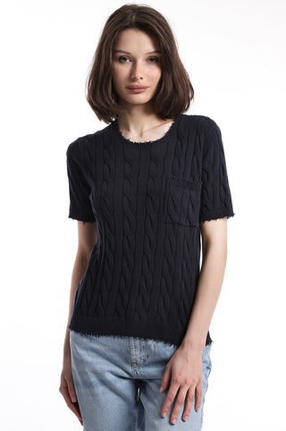 Navy cable knit short sleeve tee with pocket side front view