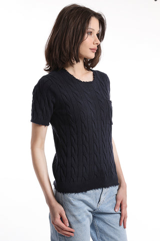 Navy cable knit short sleeve tee with pocket side view