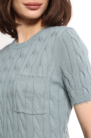 Seashore cable knit short sleeve tee with pocket close up front