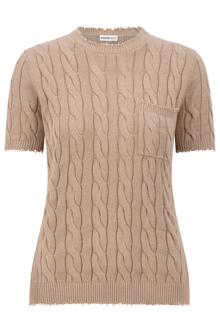 Brown Sugar cable knit short sleeve tee with pocket front view
