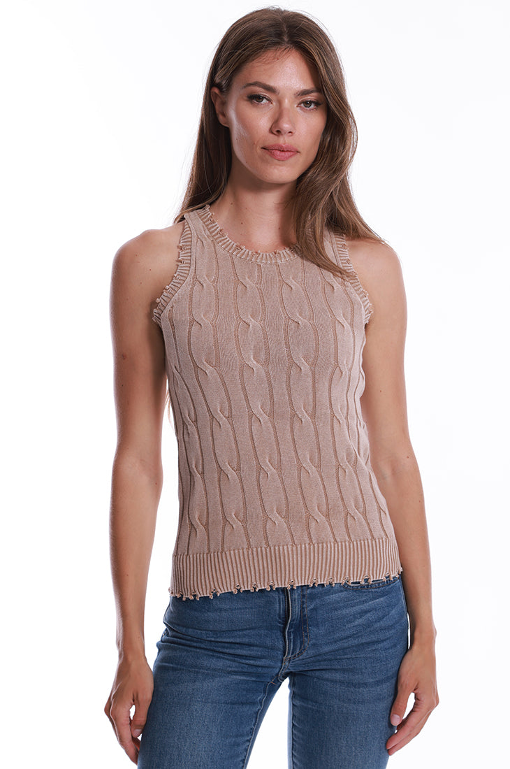 Cotton Stone Wash Distressed Cable Tank Minnie Rose