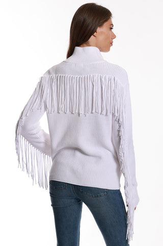 Cotton Shaker Mock Neck Zip Up Fringe Jacket