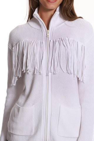 Cotton Shaker Mock Neck Zip Up Fringe Jacket