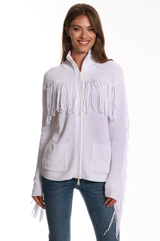 Cotton Shaker Mock Neck Zip Up Fringe Jacket