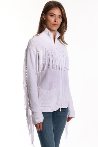 Cotton Shaker Mock Neck Zip Up Fringe Jacket