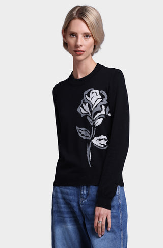 Cotton Cashmere Rose Intarsia Crew Neck Pullover