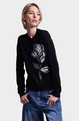 Cotton Cashmere Rose Intarsia Crew Neck Pullover