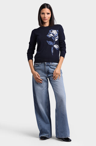 Cotton Cashmere Rose Intarsia Crew Neck Pullover