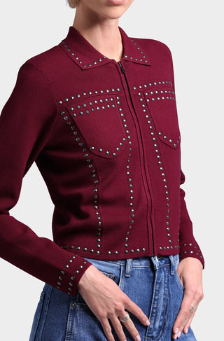 Viscose Blend Collared Zip Jacket with Studs