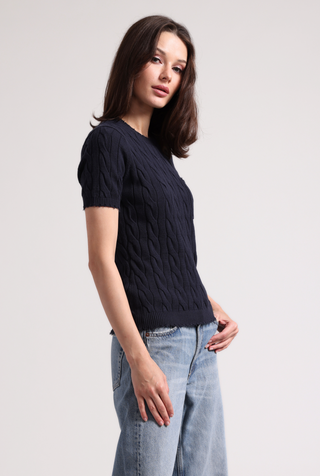 Cotton Frayed Cable V Neck Tee with Pocket