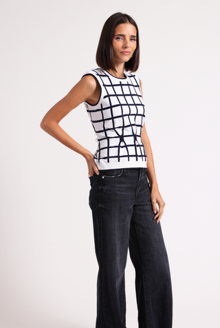 Viscose Windowpane Pleated Sleeveless Top