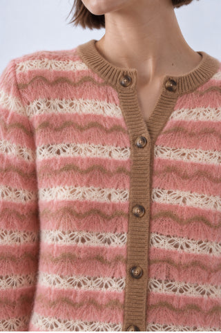 Striped Pointelle Cropped Long Sleeve Puff Cardigan