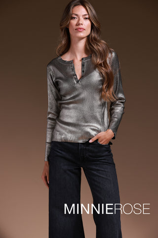 Viscose Metallic Print Ribbed Crew Neck Henley