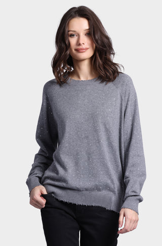 Cotton Cashmere Relaxed Frayed Edge Crew with Studs