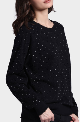 Cotton Cashmere Relaxed Frayed Edge Crew with Studs