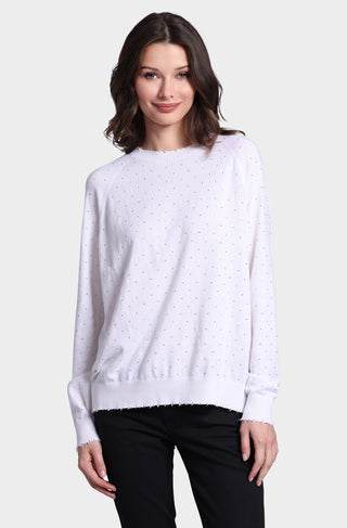 Cotton Cashmere Relaxed Frayed Edge Crew with Studs