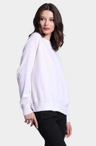 Cotton Cashmere Relaxed Frayed Edge Crew with Studs