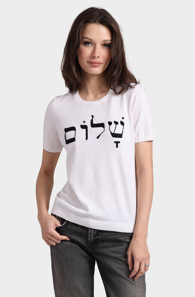 Cotton Cashmere Short Sleeve Shalom Embroidery Tee