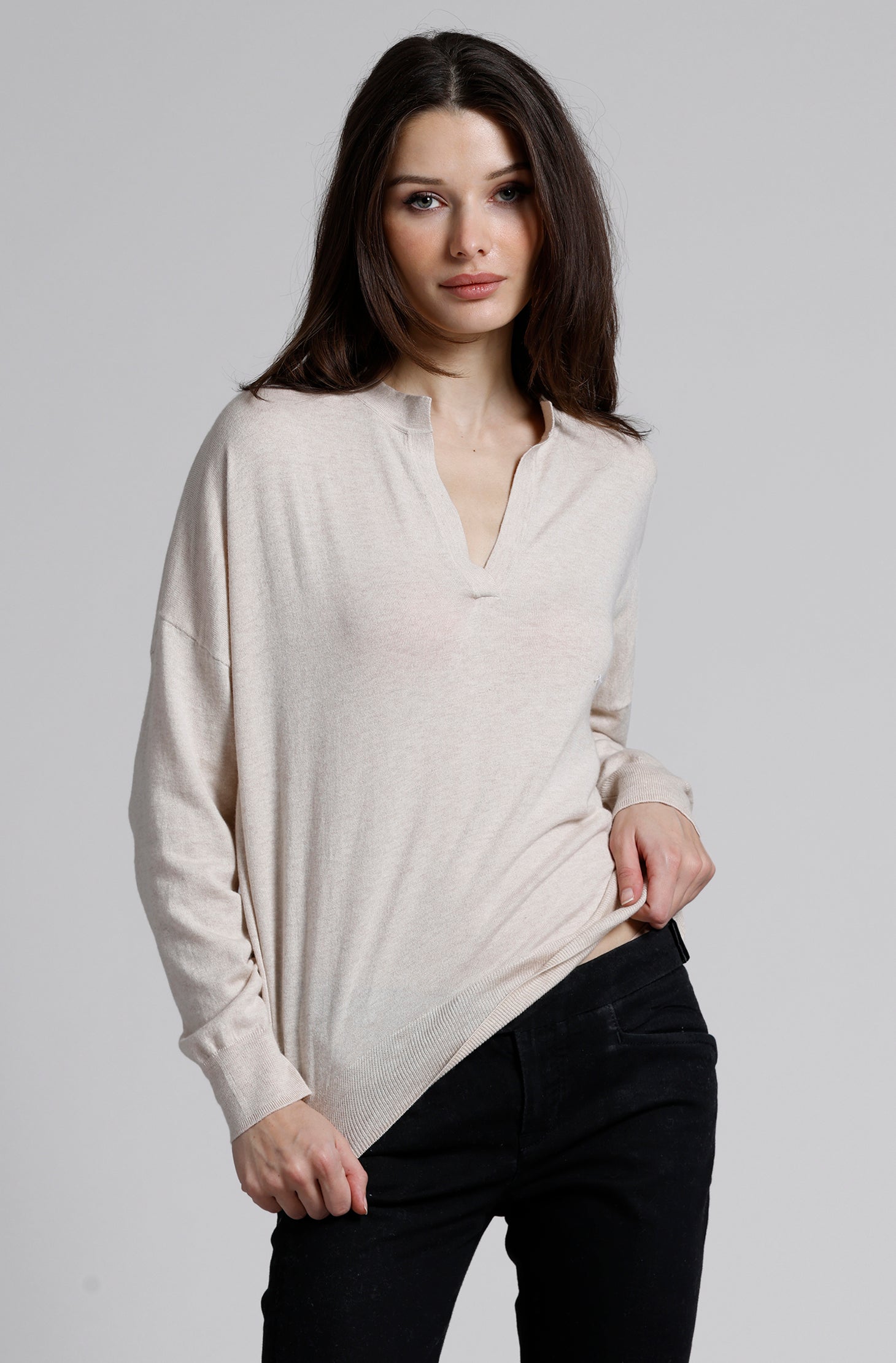 Supima Cotton Cashmere Split Neck Relaxed Long Sleeve Top