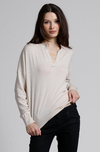 Supima Cotton Cashmere Split Neck Relaxed Long Sleeve Top