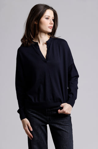 Supima Cotton Cashmere Split Neck Relaxed Long Sleeve Top