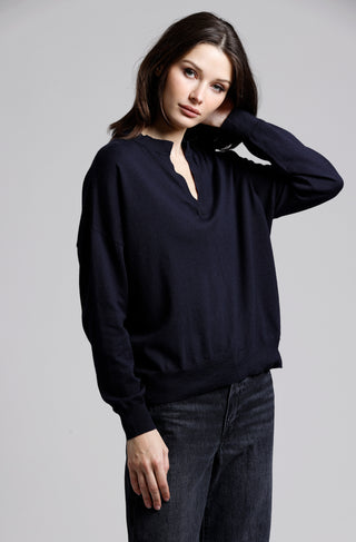 Supima Cotton Cashmere Split Neck Relaxed Long Sleeve Top