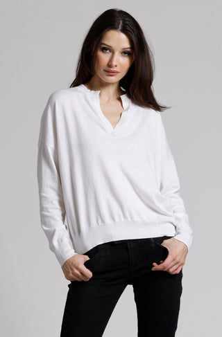 Supima Cotton Cashmere Split Neck Relaxed Long Sleeve Top