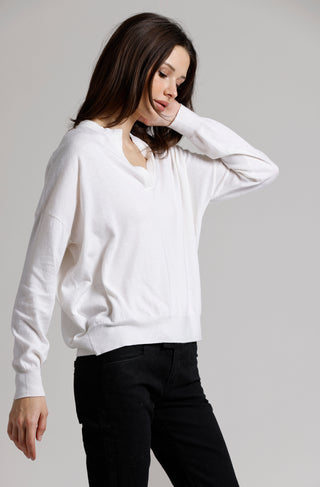 Supima Cotton Cashmere Split Neck Relaxed Long Sleeve Top