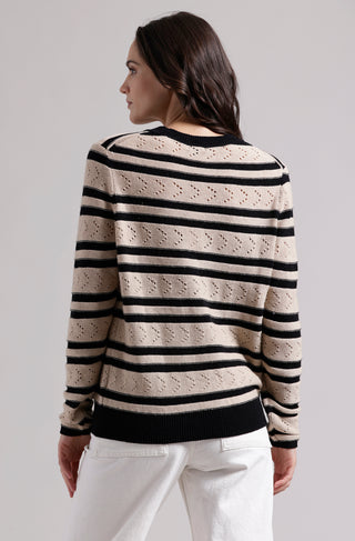 Cotton Cashmere Striped Pointelle Long Sleeve V Neck Cardigan