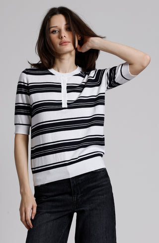 Supima Cotton Cashmere Striped 3/4 Sleeve Crew Neck Henley