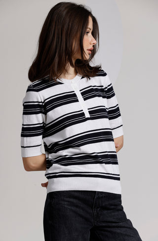 Supima Cotton Cashmere Striped 3/4 Sleeve Crew Neck Henley