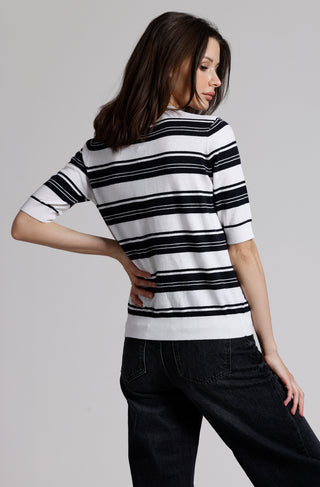 Supima Cotton Cashmere Striped 3/4 Sleeve Crew Neck Henley