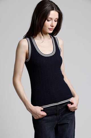 Cotton Cashmere Baby Cable Scoop Neck Tank with Tipping