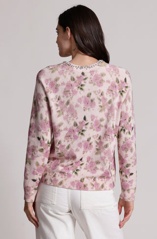 Cotton Cashmere Printed Crew with Jewels