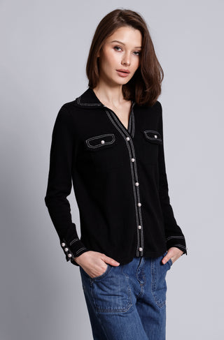 Cotton Cashmere Pearl Button Shirt with Stitching