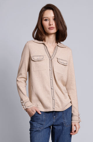 Cotton Cashmere Pearl Button Shirt with Stitching