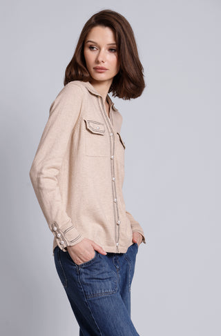 Cotton Cashmere Pearl Button Shirt with Stitching