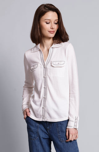 Cotton Cashmere Pearl Button Shirt with Stitching