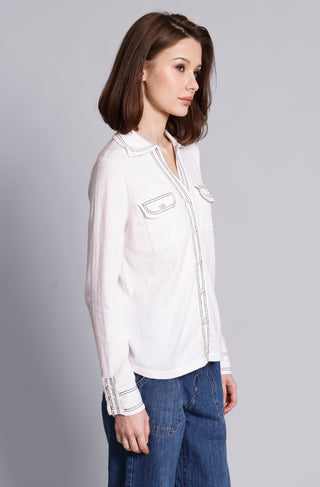 Cotton Cashmere Pearl Button Shirt with Stitching