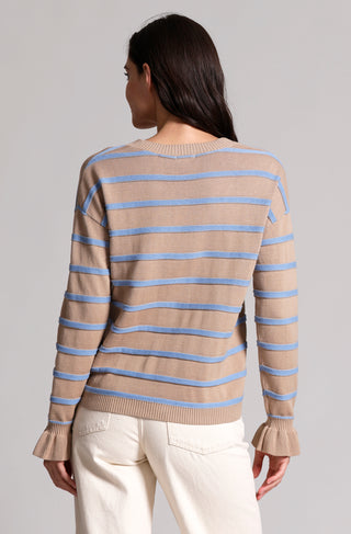 Cotton Textured Stripe Ruffle Cuff Cardigan