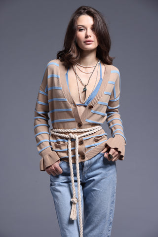 Cotton Textured Stripe Ruffle Cuff Cardigan