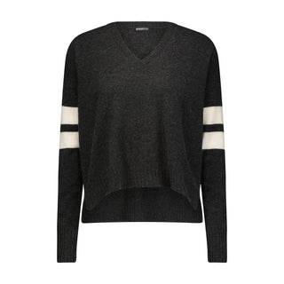 Cashmere V Neck Pullover with Stripe Arm Detail- Black Charcoal/White