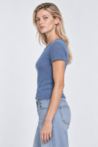 Sheer Luxury Cashmere Short Sleeve Tee with Rolled Trims