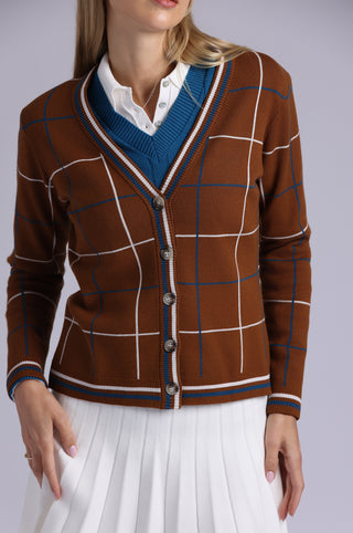 Viscose Blend Plaid Cardigan with Tipping